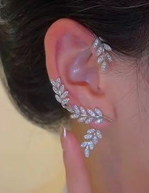 Fashion Leaves Silver Right Metal Diamond Leaf Earrings