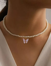 Fashion Pink Pearl Beaded Shell Butterfly Necklace
