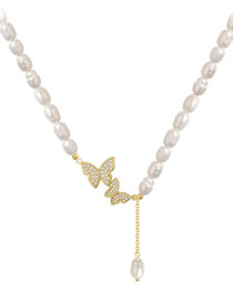 Fashion Gold Pearl And Beaded Diamond Butterfly Necklace