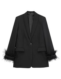 Fashion Black Feather-blend One-button Blazer With Cuffs  Blended