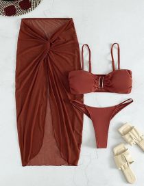 Fashion Coffee Color Polyester Solid Color Two-piece Swimsuit Knotted Three-piece Set  Polyester