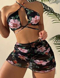 Fashion Printing Polyester Printed Halter Neck Hollow Out Two-piece Swimsuit Three-piece Set  Polyester