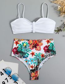Fashion White Polyester Print High Waist One-piece Swimsuit  Polyester