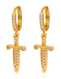 Fashion Gold Brass Zirconia Cross Hoop Earrings