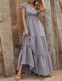 Fashion Grey Chiffon Print Ruffle Dress