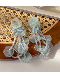 Fashion Blue Crystal Beaded Fringed Tulle Flower Drop Earrings