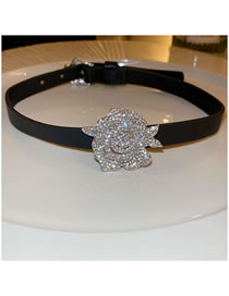 Fashion Necklace - Black Leather Diamond Flower Necklace