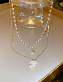 Fashion Necklace - Gold Pearl Beaded Heart Double Necklace