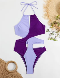 Fashion Purple Nylon -colored Hanging Neck Tie Hollow Conjoined Swimsuit
