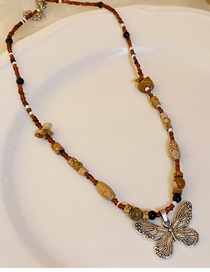 Fashion 5#necklace-silver Brown Butterfly Copper Geometric Beaded Butterfly Necklace