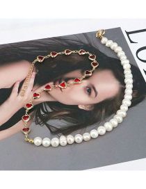 Fashion 3# Crystal Heart Panel Pearl Beaded Necklace