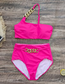 Fashion Pink Polyester Chain One Shoulder High Waist Two-piece Swimsuit