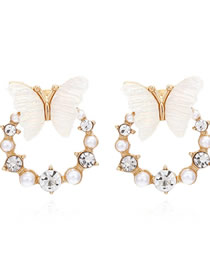 Fashion Gold Alloy Diamond And Pearl Butterfly Round Stud Earrings