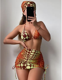 Fashion Color Polyester Printed Halter Neck Drawstring Two-piece Swimsuit Three-piece Set