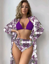 Fashion Purple Polyester Printed Halter Neck Two-piece Swimsuit Three-piece Set