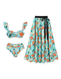 Fashion Blue Suit Polyester Printed Two-piece Swimsuit Beach Dress Set