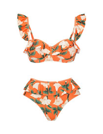 Fashion Orange Bikini Polyester Print One-piece Swimsuit