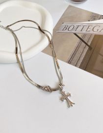 Fashion Silver Alloy Diamond Cross Double Layer Necklace