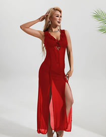 Fashion Red Polyester Halter Neck Two-piece Swimsuit Slit Blouse Three-piece Set