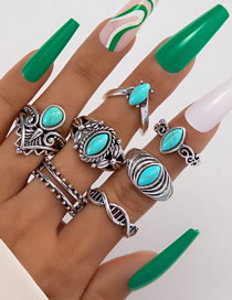 Fashion Silver Alloy Set Turquoise Carved Diamond Ring Set