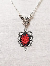 Fashion Silver Metal Oval Red Rose Necklace