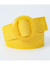 Fashion Yellow Pp Straw Woven Round Buckle Wide Belt