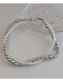 Fashion Silver Metal Pearl Ball Double Layer Necklace