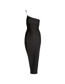 Fashion Black Polyester Tie One Shoulder Slit Dress