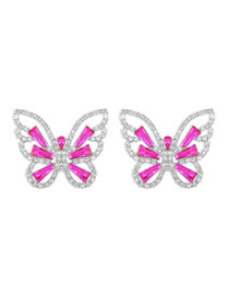 Fashion Rose Red Alloy Diamond-studded Three-dimensional Hollow Butterfly Stud Earrings