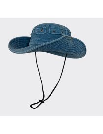 Fashion Washed Peacock Blue Denim Sun Hat With Large Brim And Drawstring