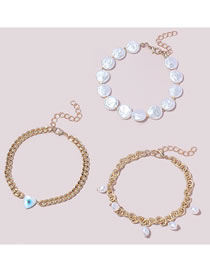 Fashion Gold Alloy Geometric Flat Pearl Chain Heart Eye Bracelet Set