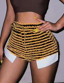 Fashion Yellow Textured Stripe Drawstring High Waist Shorts