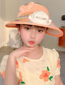 Fashion Right Ear Fan Cap - Orange Polyester Printed Large Brim With Fan Empty Sun Hat (with Electronics)