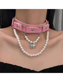 Fashion Pink Pu Leather Bow Pearl Necklace