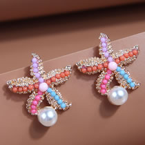 Fashion Color Alloy Bead And Diamond Starfish Stud Earrings