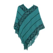 Fashion Blue Acrylic Striped Fringed Knitted Shawl