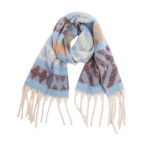 Fashion Blue Polyester Jacquard Thick Fringed Scarf