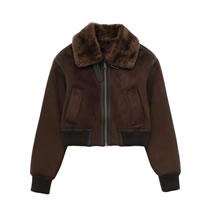Fashion Brown Fur Lapel Zipped Jacket
