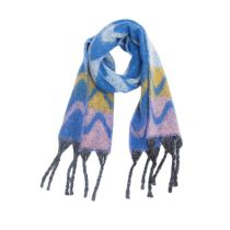 Fashion Blue Polyester Wave Jacquard Thick Fringed Scarf