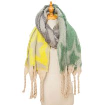Fashion Yellow Green Polyester Printed Chunky Fringed Scarf