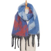 Fashion 01# Royal Blue Red Polyester Printed Chunky Fringed Scarf
