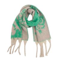 Fashion 4# Green Beige Polyester Printed Chunky Fringed Scarf