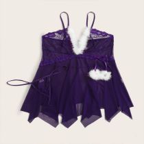 Fashion Purple Polyester Plush Suspender Mesh See-through Suspender Nightgown