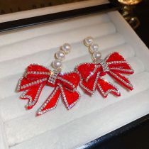 Fashion Red Alloy Diamond Bow Pearl Earrings