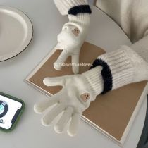 Fashion Beige Embroidered Bear Five-pointer Knitted Gloves