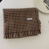 Fashion Coffee Color Houndstooth Cashmere Patch Fringed Scarf