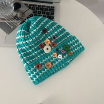Fashion Blue Colorful Button Striped Knitted Beanie