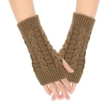 Fashion Khaki = Dark Brown Acrylic Knitted Fingerless Gloves