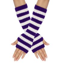 Fashion 2# Purple And White Strips Wool Knitted Striped Fingerless Gloves