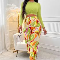 Fashion Green Polyester Crew Neck Long Sleeve Top Printed Trousers Suit